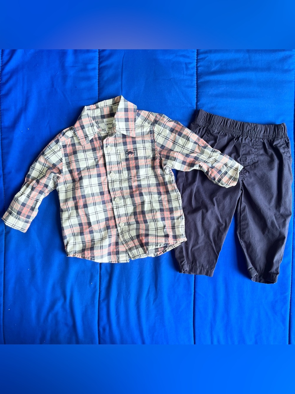 CARTER’S Baby Boy Pink Navy Blue Plaid Button Up Shirt Pants Outcit 6 Months